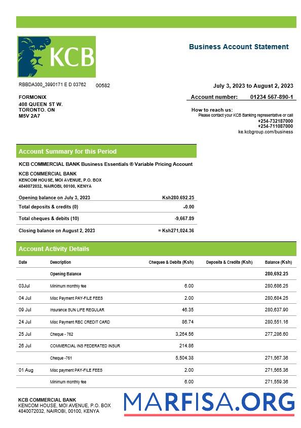 Realistic Kenya Commercial Bnak firm account statement Word and PDF template